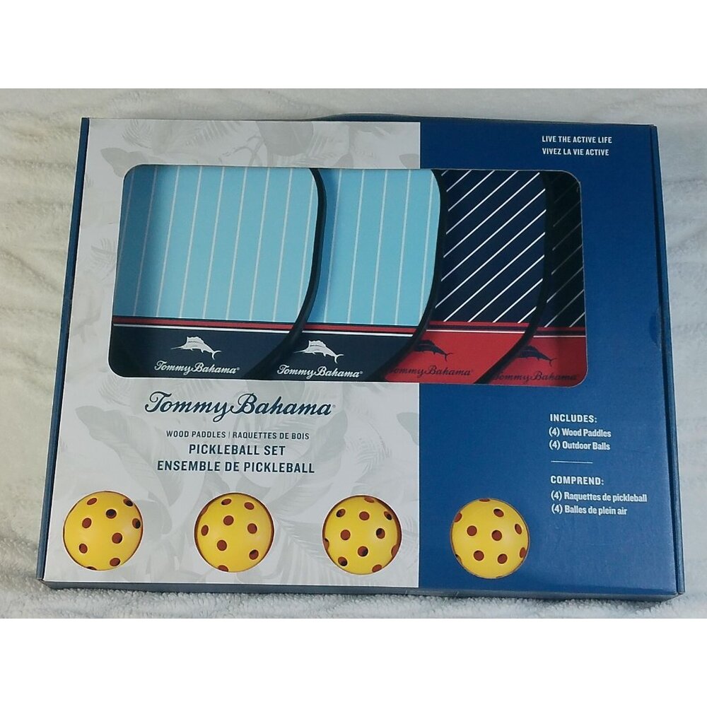 Tommy Bahama Pickleball Set New 4 Paddles Balls Wood Dark Blue Light Blue Paddle